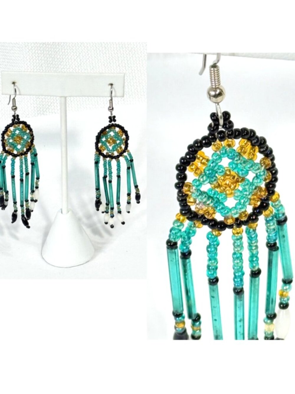 Aqua and brown beaded dream catcher earrings.